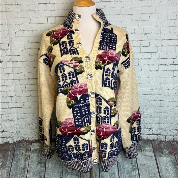 South Wool Sweaters - Vintage Hand Knitted South Wool 100% Virgin Wool Graphic Homestead Sweater Small